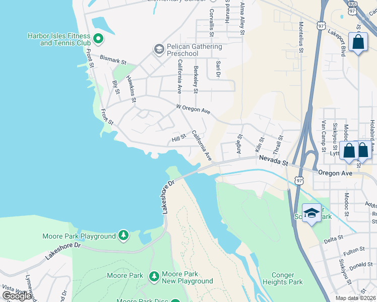 map of restaurants, bars, coffee shops, grocery stores, and more near 636 Front Street in Klamath Falls