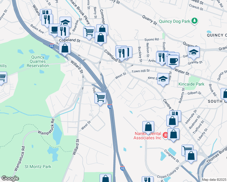 map of restaurants, bars, coffee shops, grocery stores, and more near 33 Sullivan Road in Quincy
