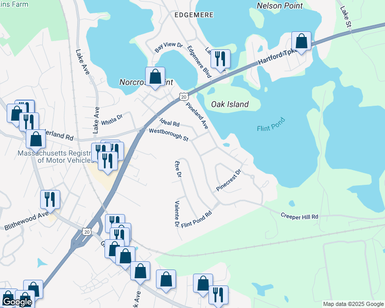 map of restaurants, bars, coffee shops, grocery stores, and more near 54 Westborough Street in Worcester