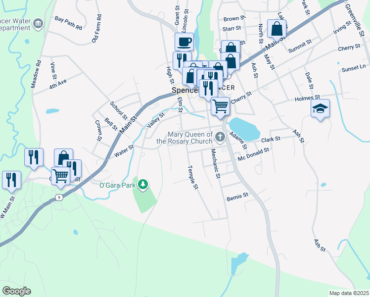 map of restaurants, bars, coffee shops, grocery stores, and more near 18 Temple Street in Spencer