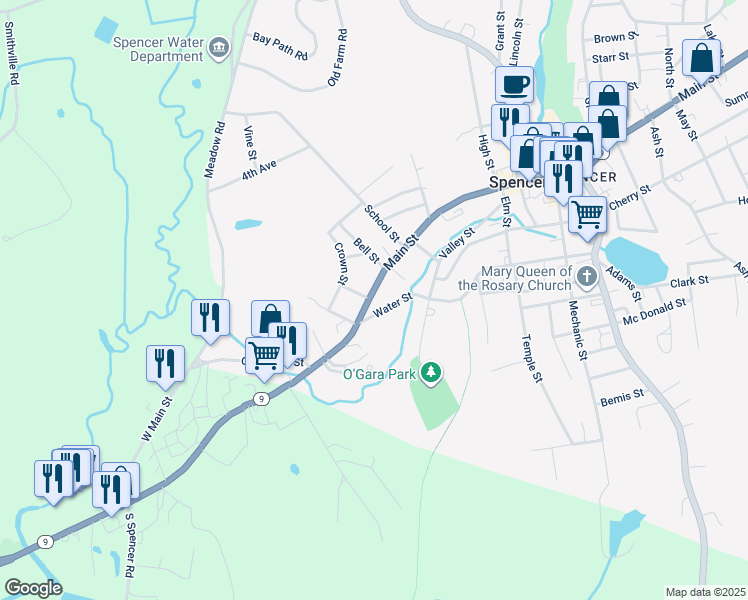 map of restaurants, bars, coffee shops, grocery stores, and more near 20 1/2 Main Street in Spencer