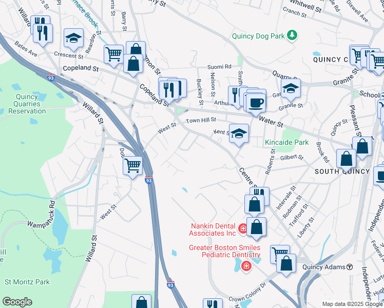 map of restaurants, bars, coffee shops, grocery stores, and more near 19 McDonald St in Quincy