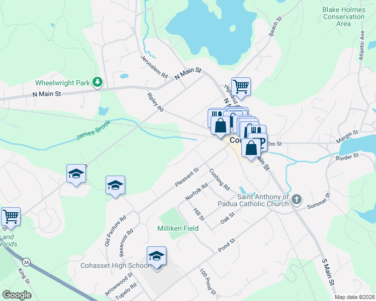 map of restaurants, bars, coffee shops, grocery stores, and more near 39 Smith Place in Cohasset