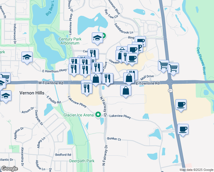 map of restaurants, bars, coffee shops, grocery stores, and more near 445 East Townline Road in Vernon Hills