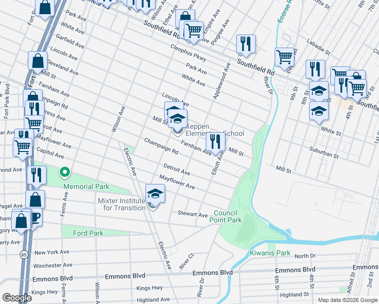 map of restaurants, bars, coffee shops, grocery stores, and more near 2420 Applewood Avenue in Lincoln Park