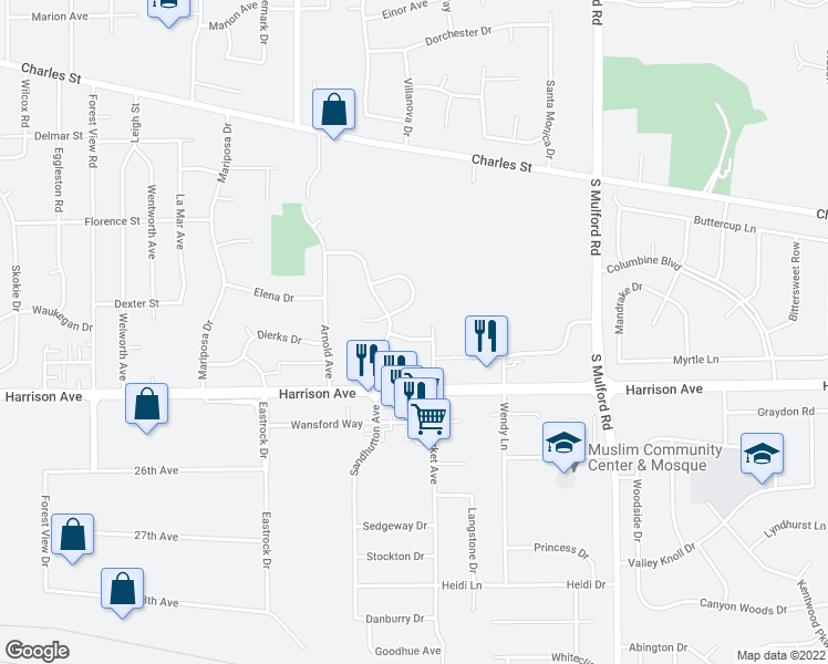 map of restaurants, bars, coffee shops, grocery stores, and more near 5642 Cherryleaf Lane in Rockford