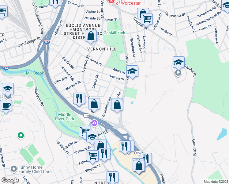 map of restaurants, bars, coffee shops, grocery stores, and more near 36 Grammont Road in Worcester