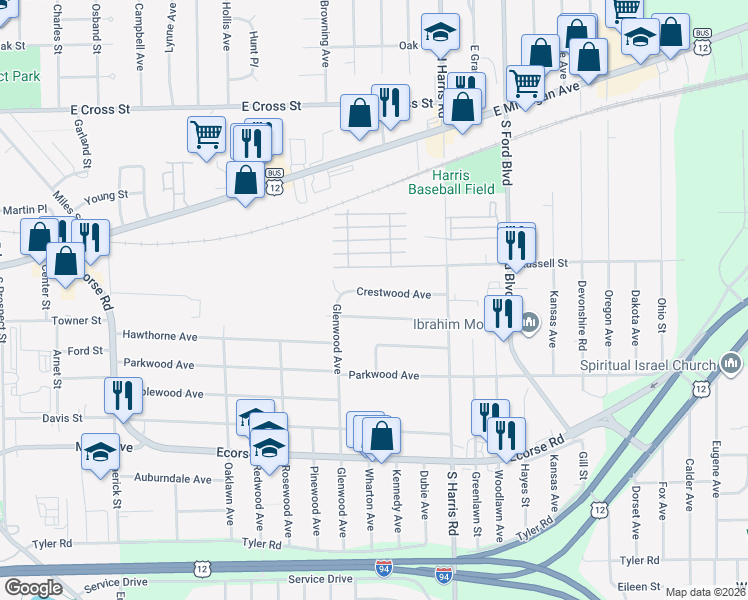 map of restaurants, bars, coffee shops, grocery stores, and more near 1264 Crestwood Avenue in Ypsilanti