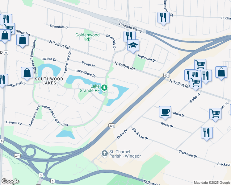 map of restaurants, bars, coffee shops, grocery stores, and more near 1040 Lake Laguna Court in Windsor