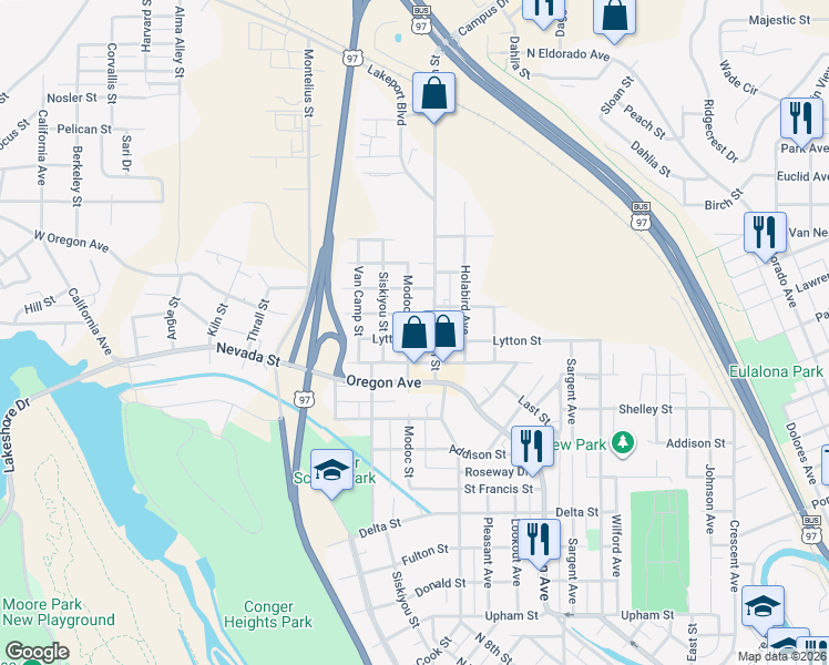 map of restaurants, bars, coffee shops, grocery stores, and more near 2107 Modoc Street in Klamath Falls
