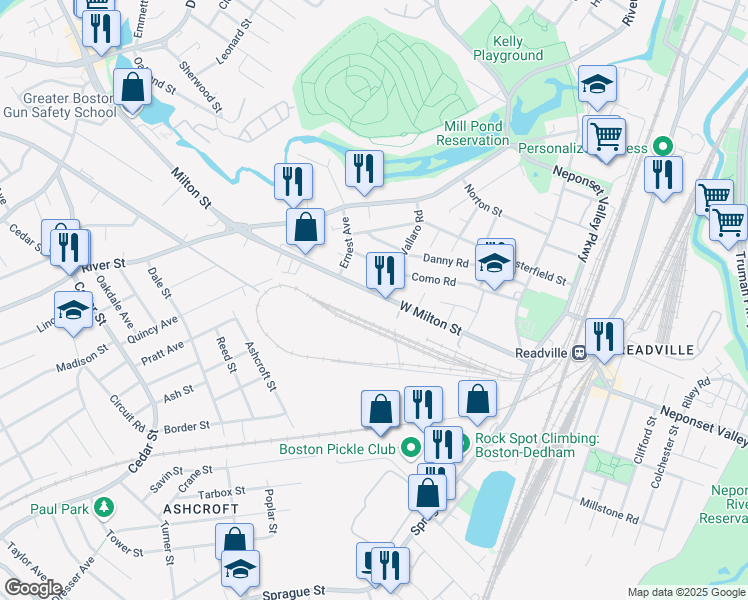 map of restaurants, bars, coffee shops, grocery stores, and more near 27 West Milton Street in Boston