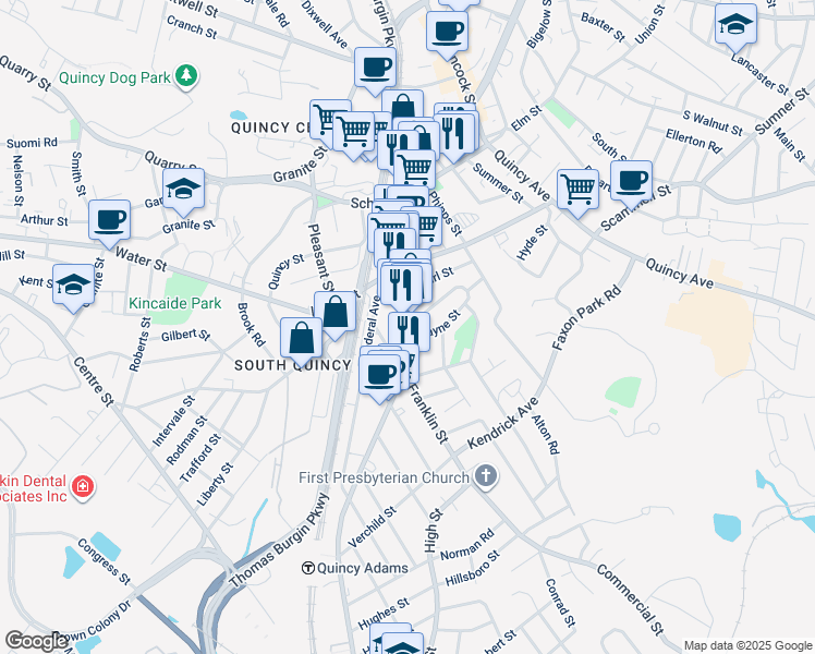 map of restaurants, bars, coffee shops, grocery stores, and more near 46 Presidents Avenue in Quincy