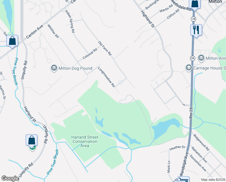 map of restaurants, bars, coffee shops, grocery stores, and more near 91 Longmeadow Road in Milton