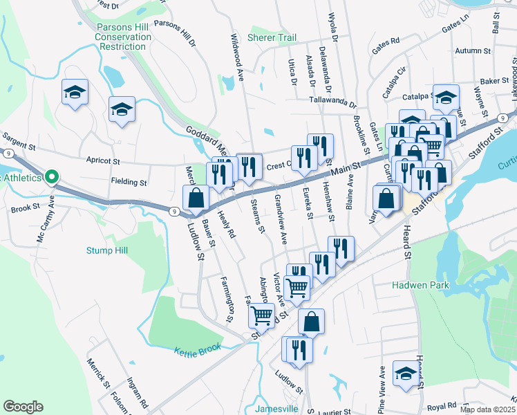map of restaurants, bars, coffee shops, grocery stores, and more near 5 Stearns Street in Worcester