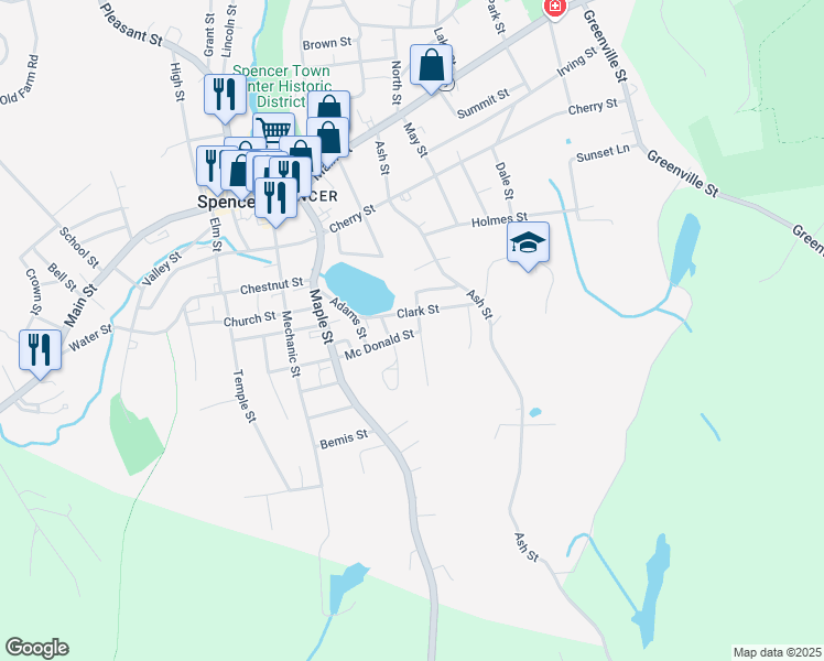 map of restaurants, bars, coffee shops, grocery stores, and more near 8 Salem Street in Spencer