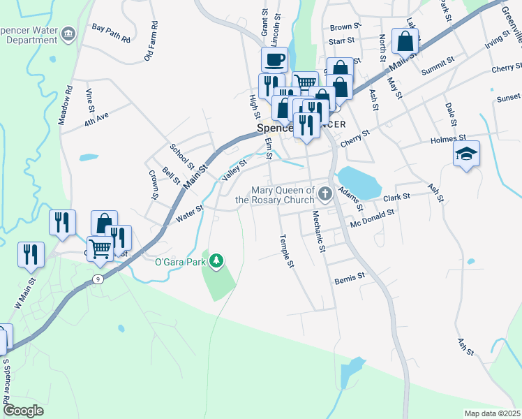 map of restaurants, bars, coffee shops, grocery stores, and more near 18 Temple Street in Spencer