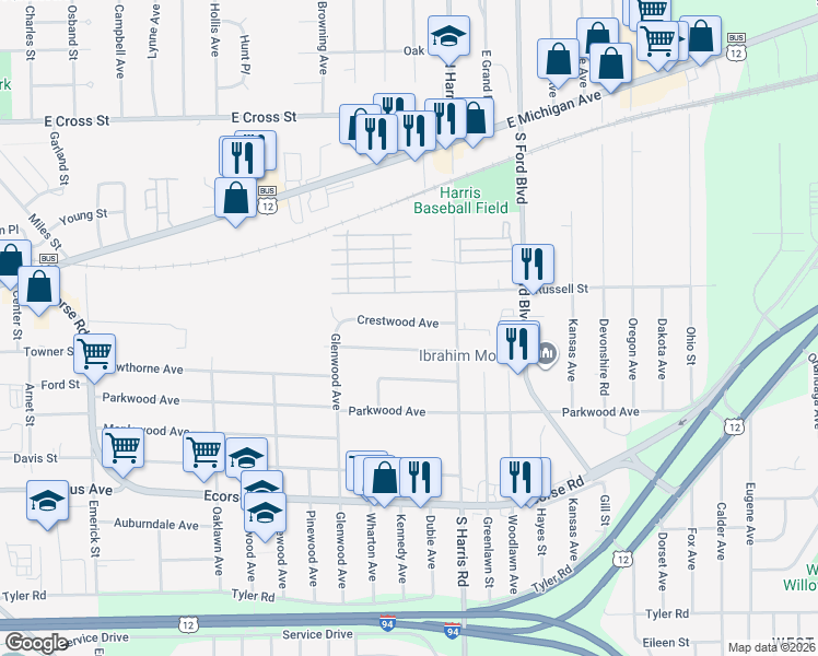 map of restaurants, bars, coffee shops, grocery stores, and more near 1336 Crestwood Avenue in Ypsilanti