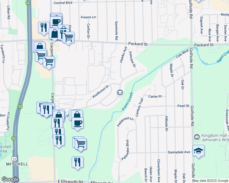 map of restaurants, bars, coffee shops, grocery stores, and more near 4475 Blossom Hill Trail in Ann Arbor