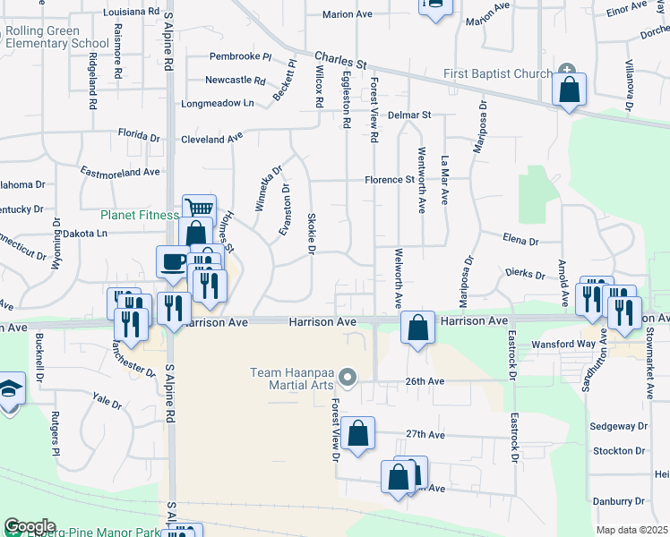 map of restaurants, bars, coffee shops, grocery stores, and more near 2414 Eggleston Court in Rockford