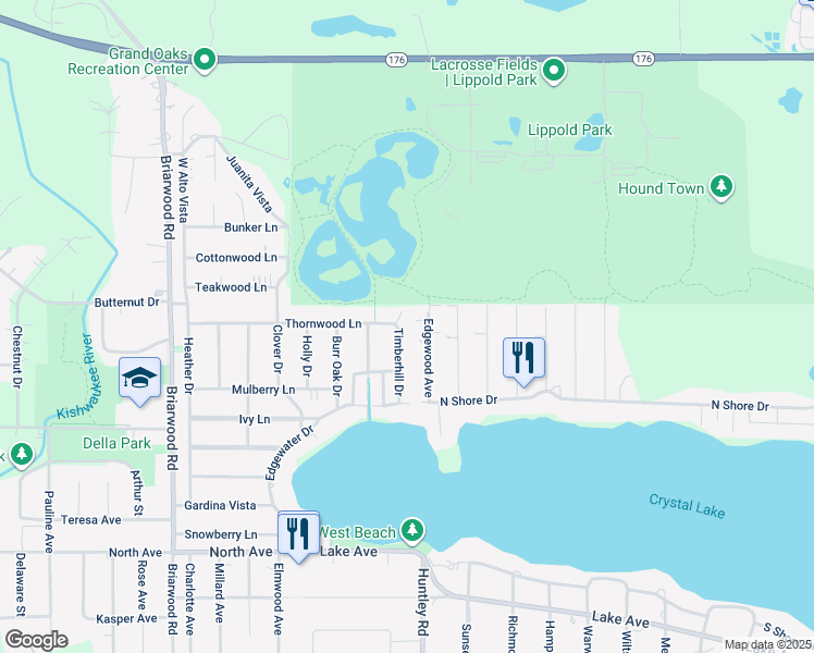 map of restaurants, bars, coffee shops, grocery stores, and more near 27 Timberhill Drive in Crystal Lake