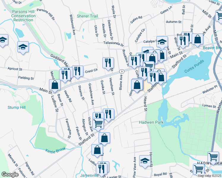 map of restaurants, bars, coffee shops, grocery stores, and more near 40 Henshaw Street in Worcester