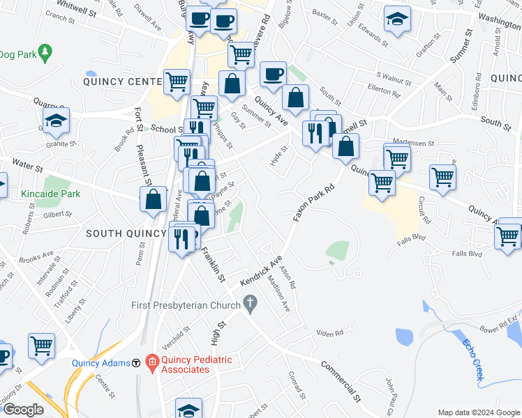 map of restaurants, bars, coffee shops, grocery stores, and more near 144 Phipps Street in Quincy