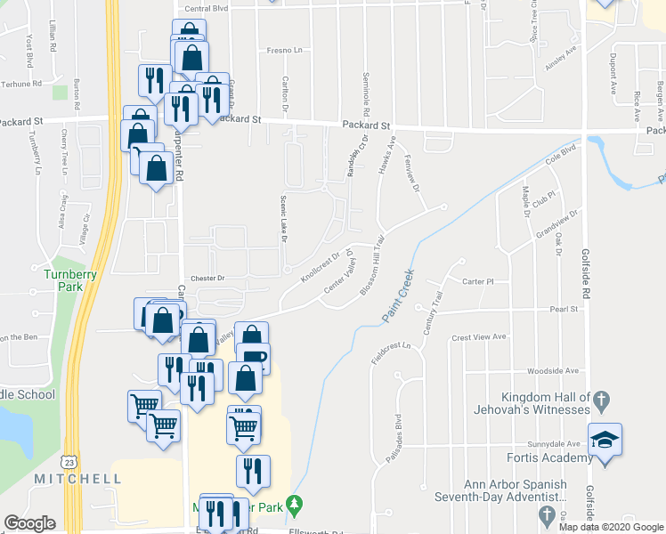 map of restaurants, bars, coffee shops, grocery stores, and more near 4410 Knollcrest Drive in Ann Arbor