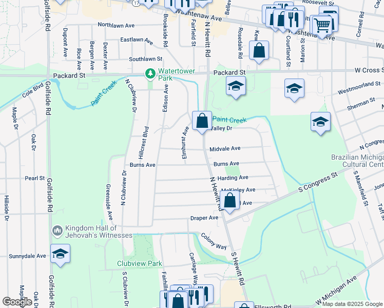 map of restaurants, bars, coffee shops, grocery stores, and more near 2245 Midvale Avenue in Ypsilanti