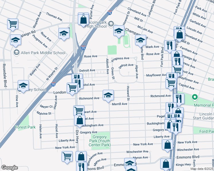 map of restaurants, bars, coffee shops, grocery stores, and more near 1705 Capitol Avenue in Lincoln Park
