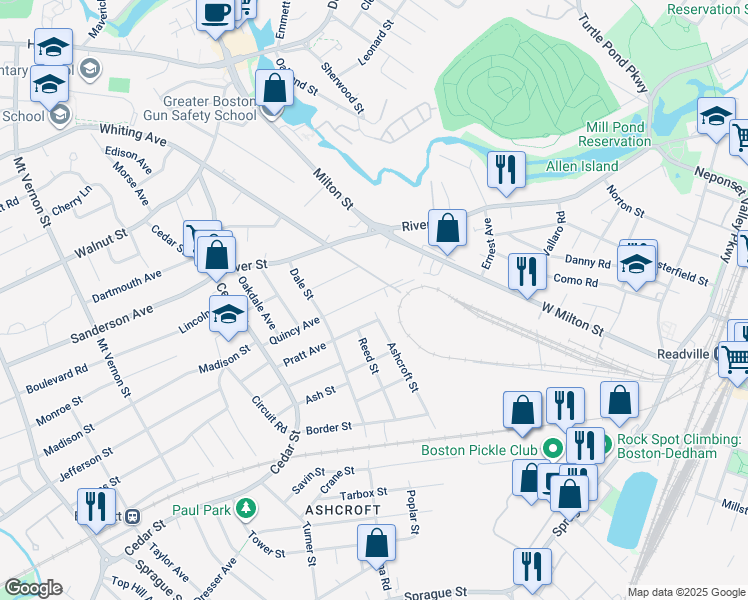map of restaurants, bars, coffee shops, grocery stores, and more near 66 Quincy Avenue in Dedham