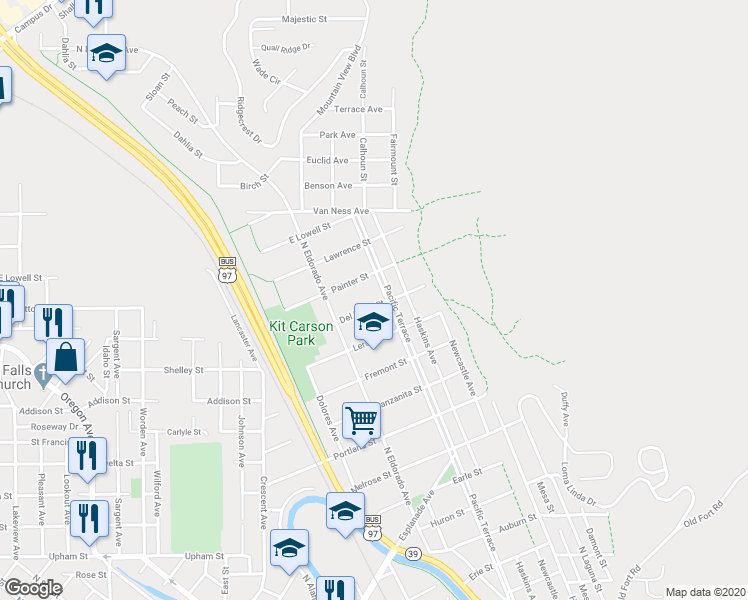 map of restaurants, bars, coffee shops, grocery stores, and more near 1975 Del Moro Street in Klamath Falls