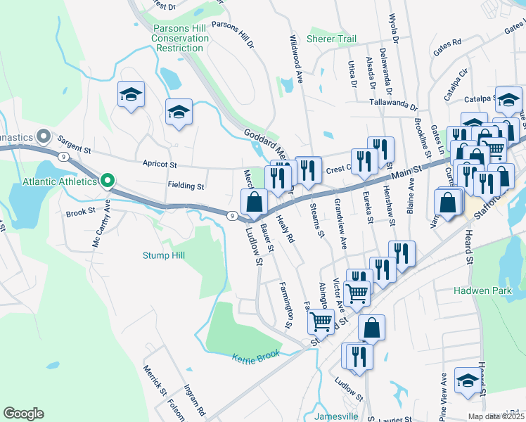 map of restaurants, bars, coffee shops, grocery stores, and more near 1438 Main Street in Worcester