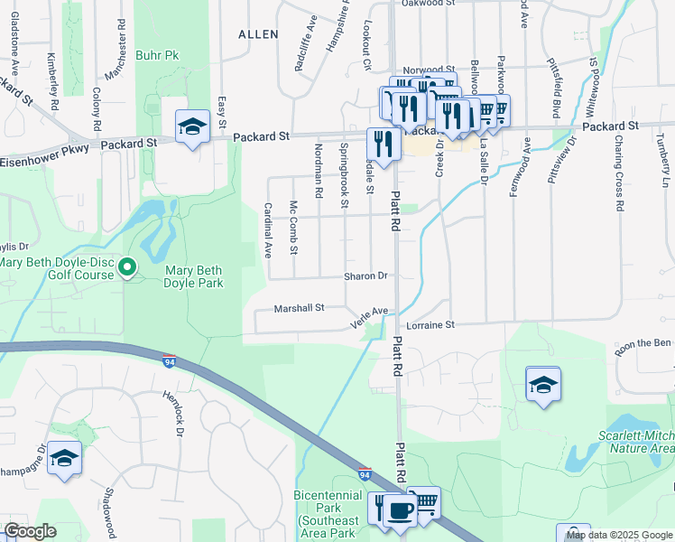 map of restaurants, bars, coffee shops, grocery stores, and more near 3344 Springbrook Street in Ann Arbor