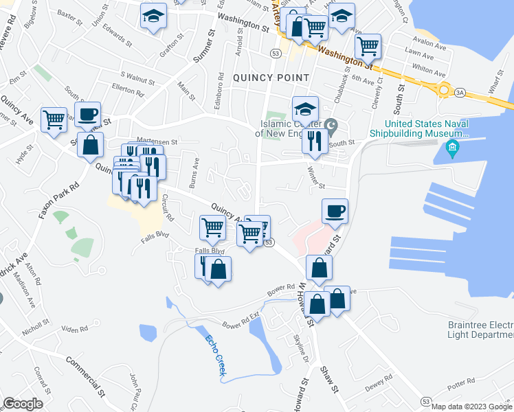 map of restaurants, bars, coffee shops, grocery stores, and more near 1073 Southern Artery in Quincy