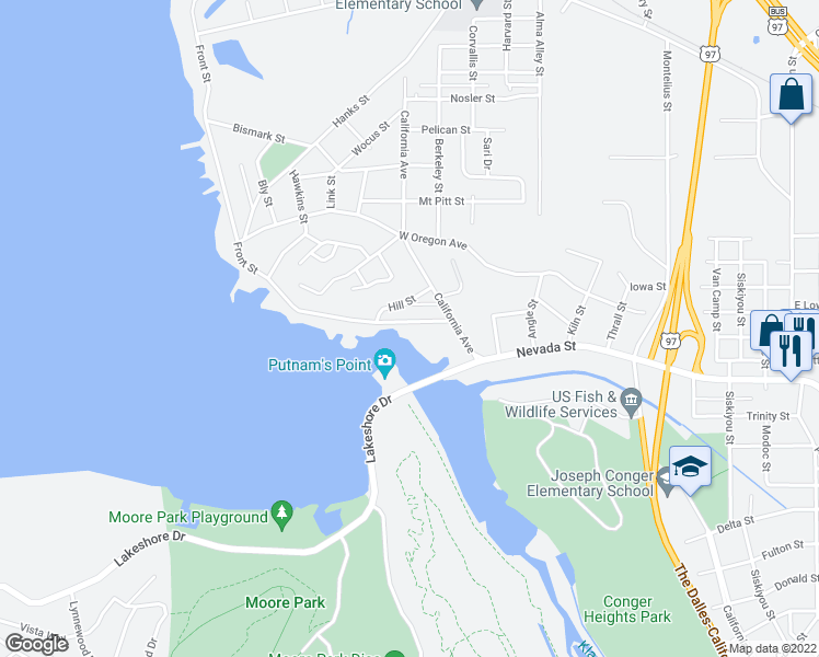 map of restaurants, bars, coffee shops, grocery stores, and more near 658 Front Street in Klamath Falls