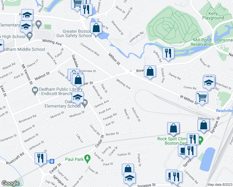 map of restaurants, bars, coffee shops, grocery stores, and more near 95 Quincy Avenue in Dedham