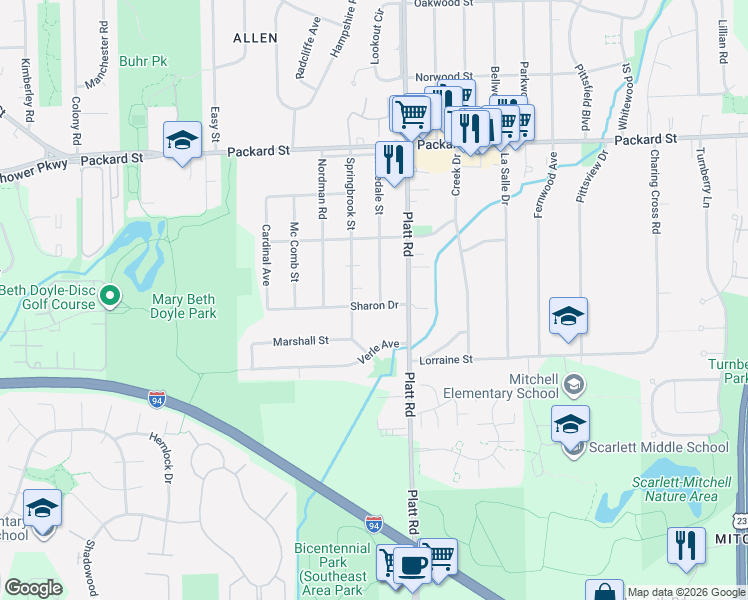 map of restaurants, bars, coffee shops, grocery stores, and more near 3344 Rosedale Street in Ann Arbor