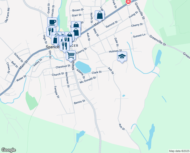 map of restaurants, bars, coffee shops, grocery stores, and more near 8 Salem Street in Spencer