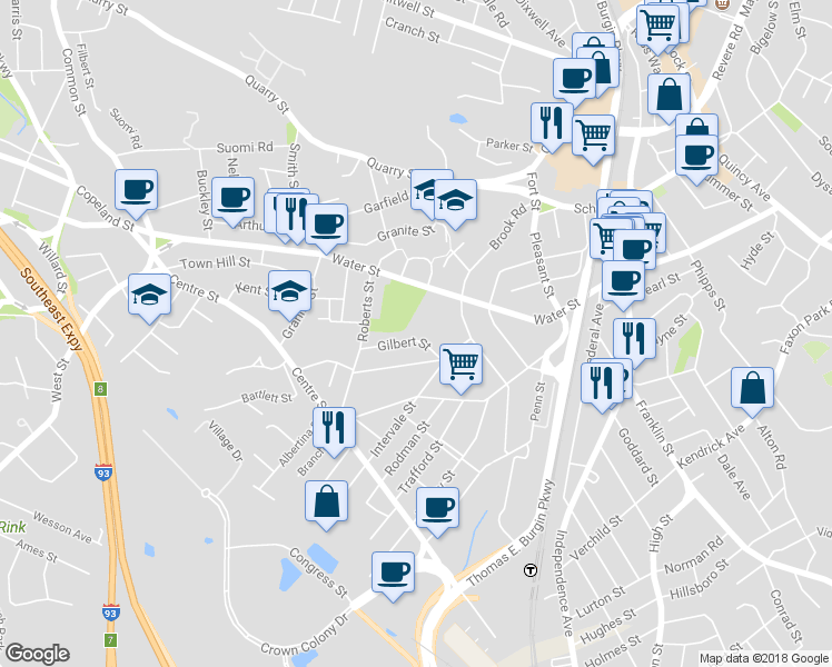map of restaurants, bars, coffee shops, grocery stores, and more near 59-65 Gilbert Street in Quincy