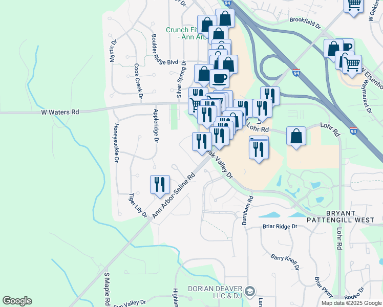 map of restaurants, bars, coffee shops, grocery stores, and more near 3276 Ann Arbor-Saline Road in Ann Arbor