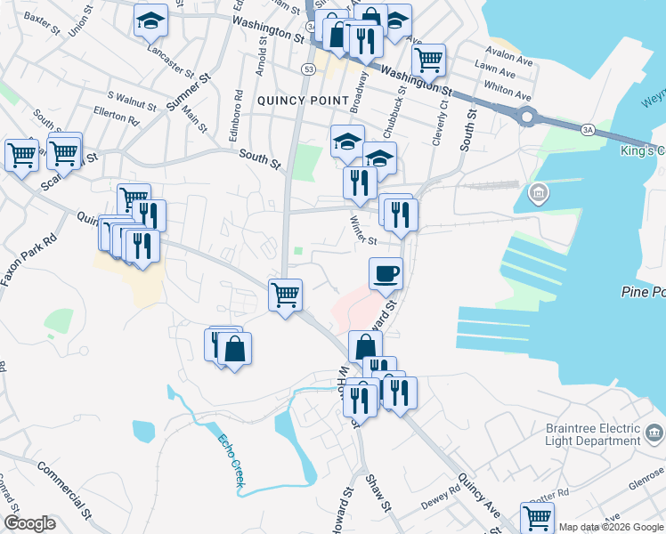 map of restaurants, bars, coffee shops, grocery stores, and more near 1020 Southern Artery in Quincy