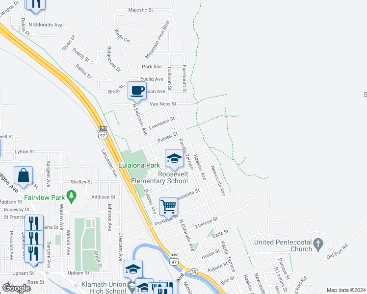 map of restaurants, bars, coffee shops, grocery stores, and more near 2001 Del Moro Street in Klamath Falls