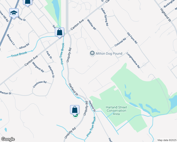 map of restaurants, bars, coffee shops, grocery stores, and more near 19 Woodlot Drive in Milton