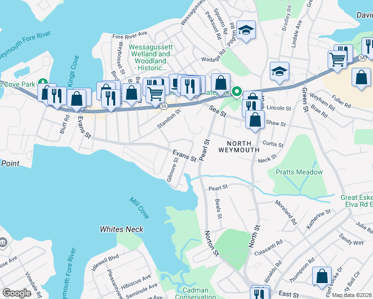 map of restaurants, bars, coffee shops, grocery stores, and more near 65 Lochmere Avenue in Weymouth