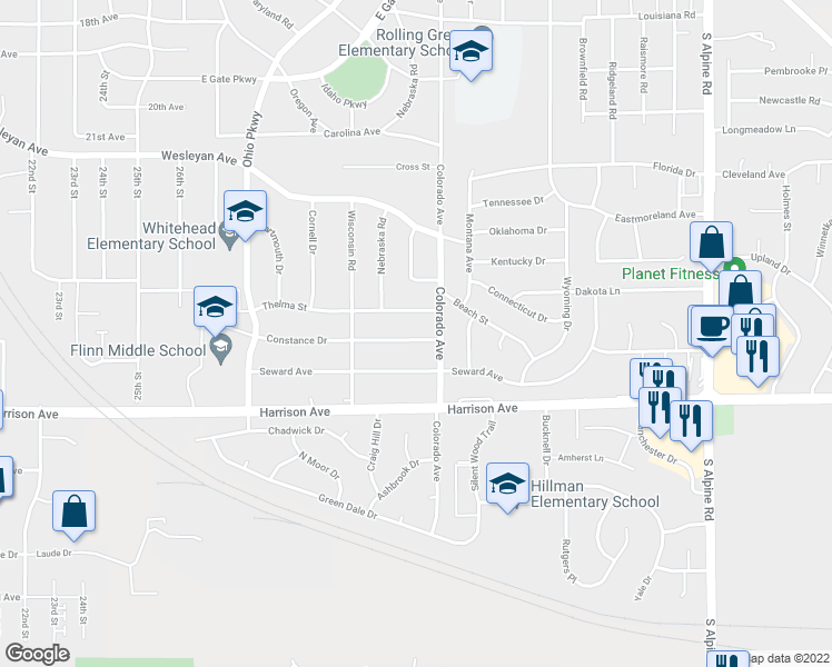 map of restaurants, bars, coffee shops, grocery stores, and more near 3516 Constance Drive in Rockford