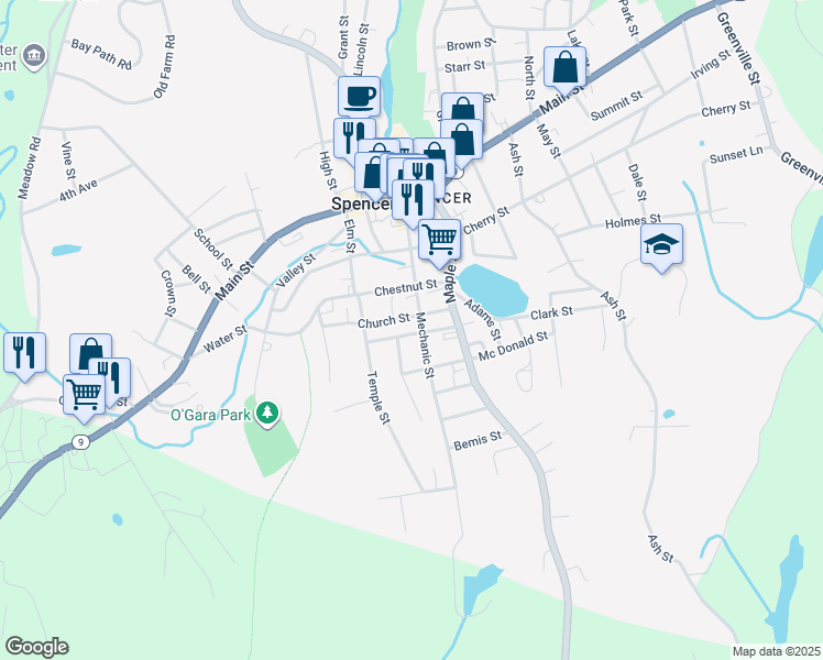 map of restaurants, bars, coffee shops, grocery stores, and more near 16 Prospect Street in Spencer