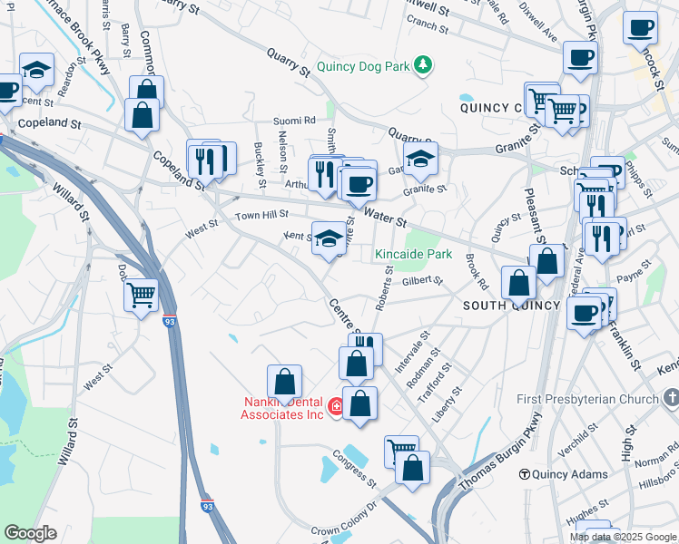 map of restaurants, bars, coffee shops, grocery stores, and more near 444 Granite Street in Quincy