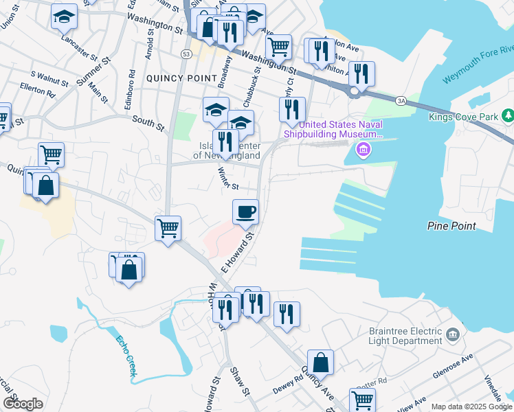 map of restaurants, bars, coffee shops, grocery stores, and more near 114 East Howard Street in Quincy