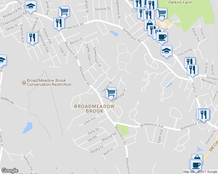 map of restaurants, bars, coffee shops, grocery stores, and more near 24 Lawton Street in Worcester