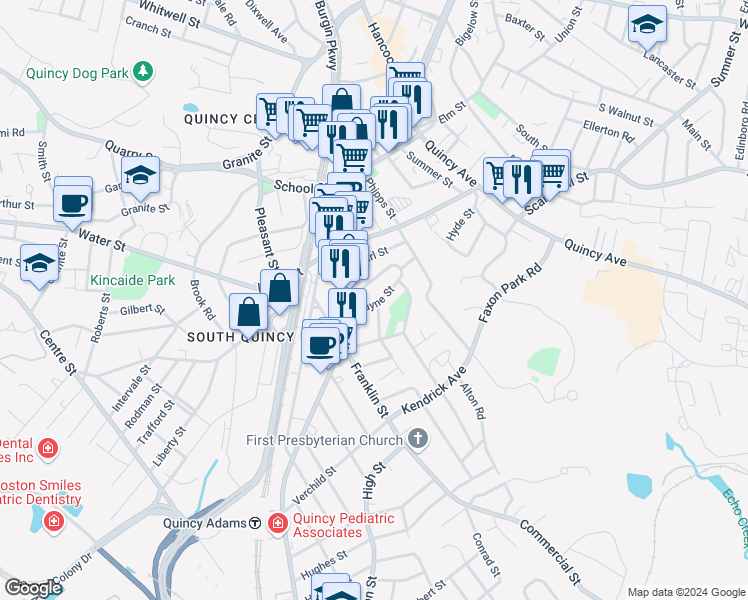 map of restaurants, bars, coffee shops, grocery stores, and more near 61 Payne Street in Quincy
